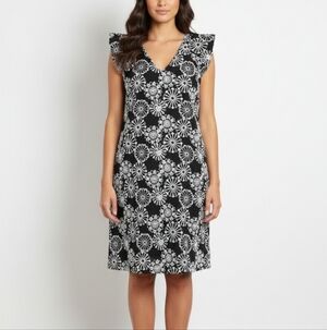 LOFT Outlet Black & White Embroidered Flutter Sleeve Shift Dress Size SP